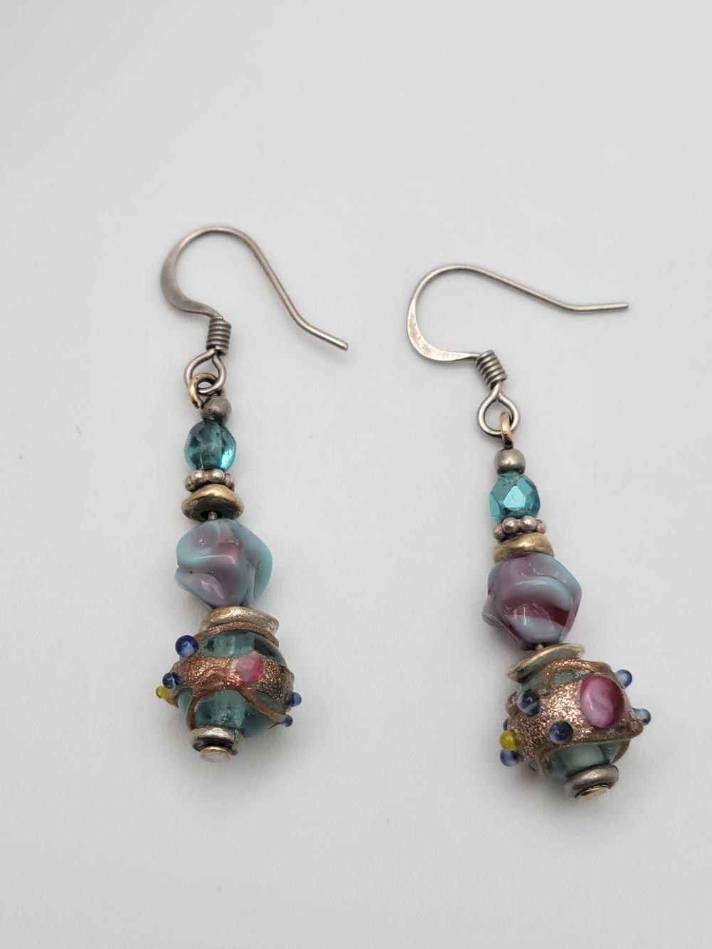 Handmade Lampwork Glass Bead Dangle Earrings Teal Mauve Boho